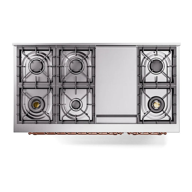 ILVE Nostalgie II Noblesse 48" Dual Fuel Freestanding Range in White with Copper Trim, UN48FQNMPWHPLP