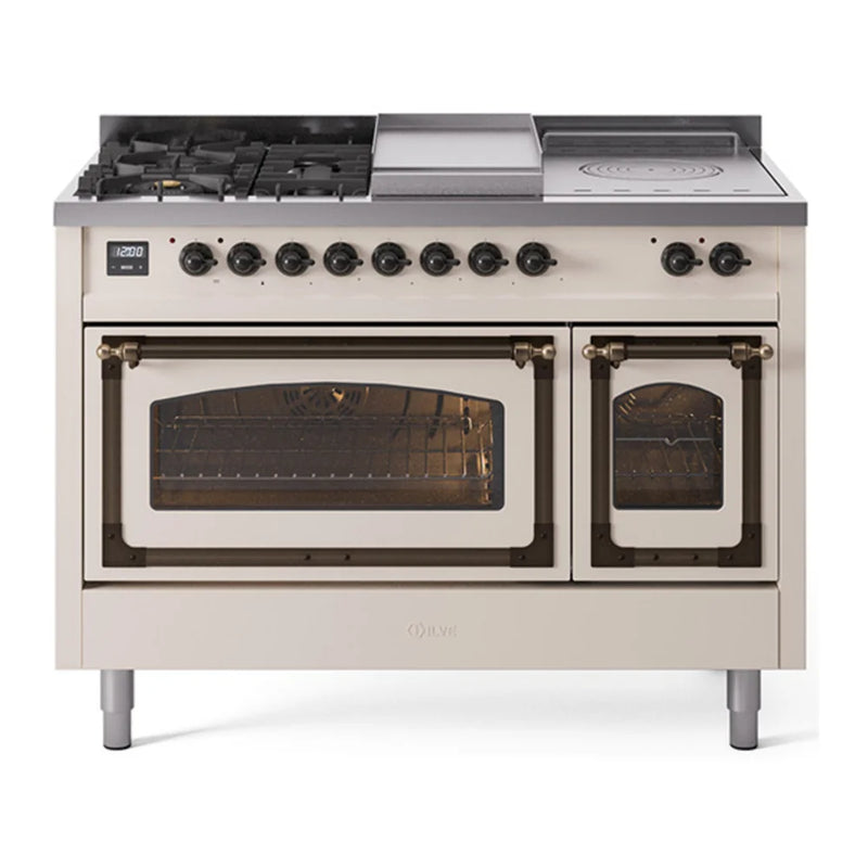 ILVE Nostalgie II Noblesse 48" Dual Fuel Freestanding Range in Antique White with Burnished Trim, UN48FSNMPAWBLP
