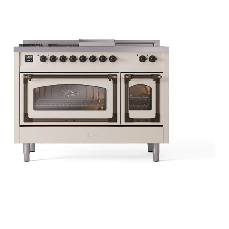 ILVE Nostalgie II Noblesse 48" Dual Fuel Freestanding Range in Antique White with Burnished Trim, UN48FSNMPAWBLP