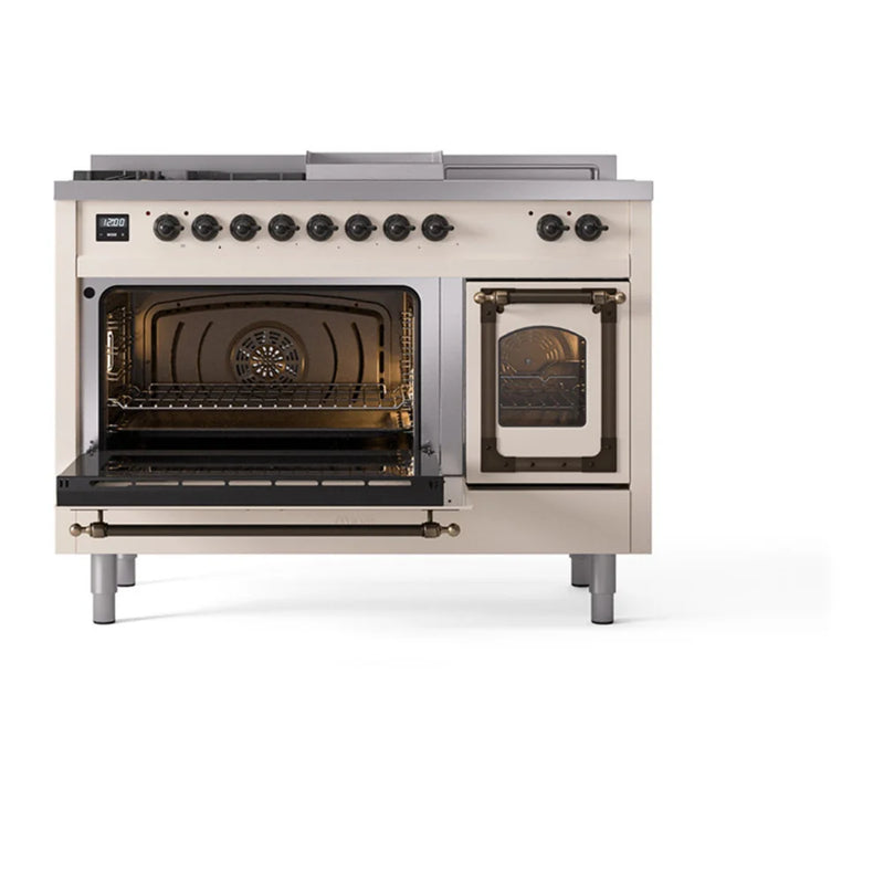 ILVE Nostalgie II Noblesse 48" Dual Fuel Freestanding Range in Antique White with Burnished Trim, UN48FSNMPAWBLP