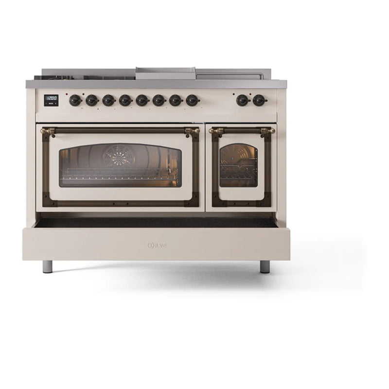 ILVE Nostalgie II Noblesse 48" Dual Fuel Freestanding Range in Antique White with Burnished Trim, UN48FSNMPAWBLP