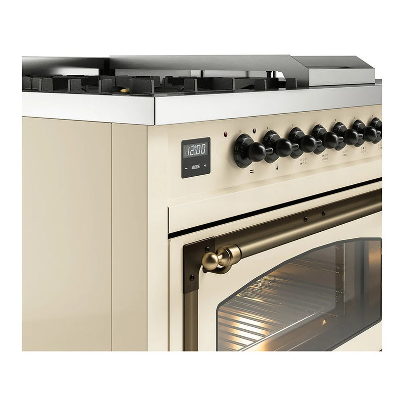ILVE Nostalgie II Noblesse 48" Dual Fuel Freestanding Range in Antique White with Burnished Trim, UN48FSNMPAWBLP