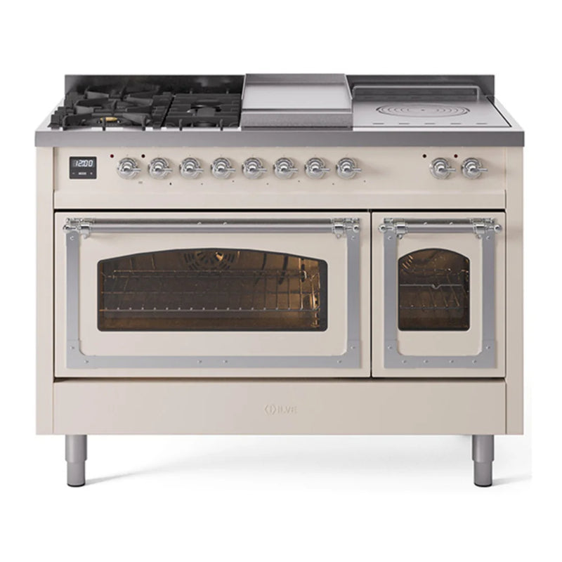 ILVE Nostalgie II Noblesse 48" Dual Fuel Freestanding Range in Antique White with Chrome Trim, UN48FSNMPAWCLP