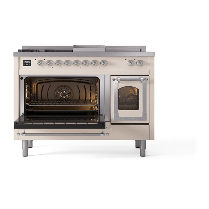 ILVE Nostalgie II Noblesse 48" Dual Fuel Freestanding Range in Antique White with Chrome Trim, UN48FSNMPAWCLP