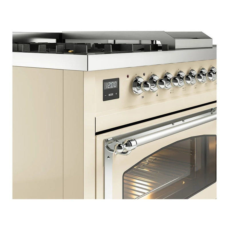 ILVE Nostalgie II Noblesse 48" Dual Fuel Freestanding Range in Antique White with Chrome Trim, UN48FSNMPAWCLP