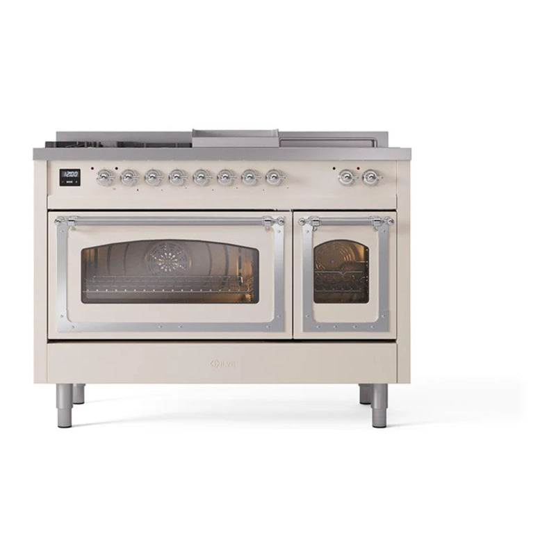 ILVE Nostalgie II Noblesse 48" Dual Fuel Freestanding Range in Antique White with Chrome Trim, UN48FSNMPAWC