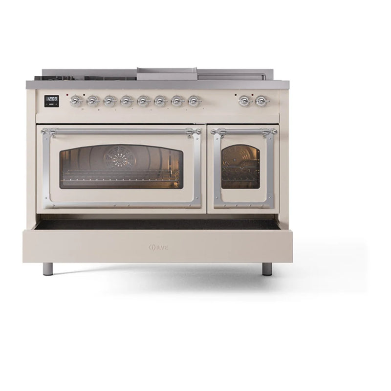 ILVE Nostalgie II Noblesse 48" Dual Fuel Freestanding Range in Antique White with Chrome Trim, UN48FSNMPAWC