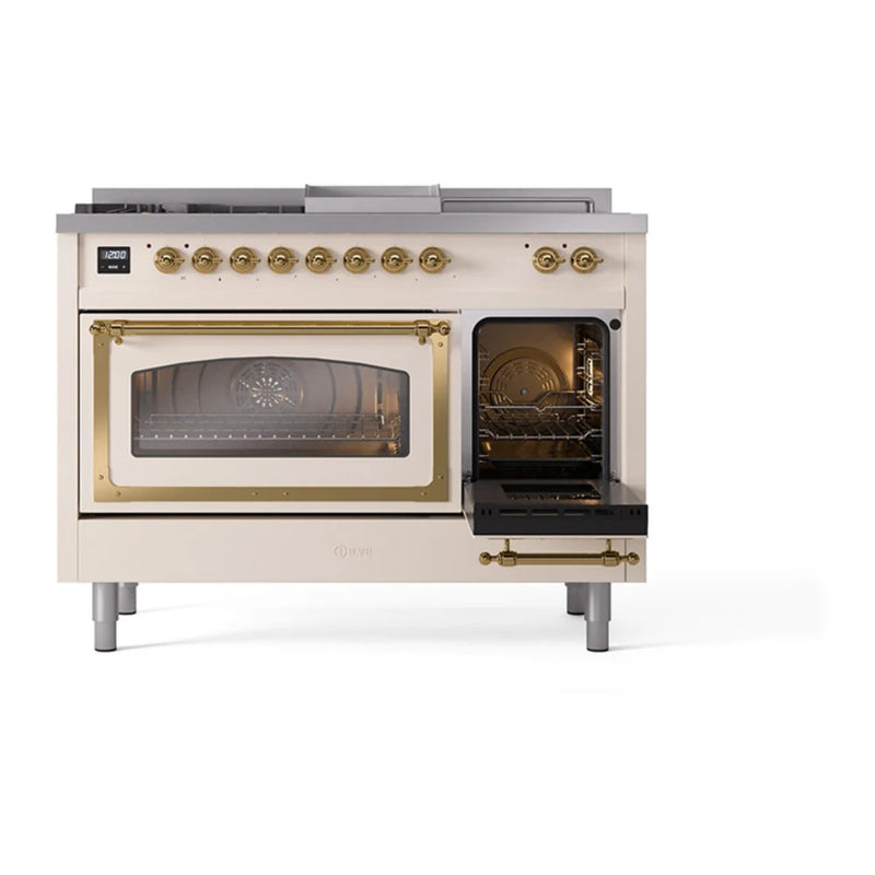 ILVE Nostalgie II Noblesse 48" Dual Fuel Freestanding Range in Antique White with Brass Trim, UN48FSNMPAWGLP