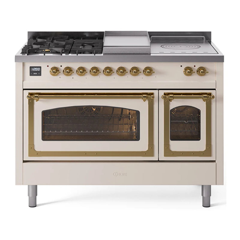 ILVE Nostalgie II Noblesse 48" Dual Fuel Freestanding Range in Antique White with Brass Trim, UN48FSNMPAWG