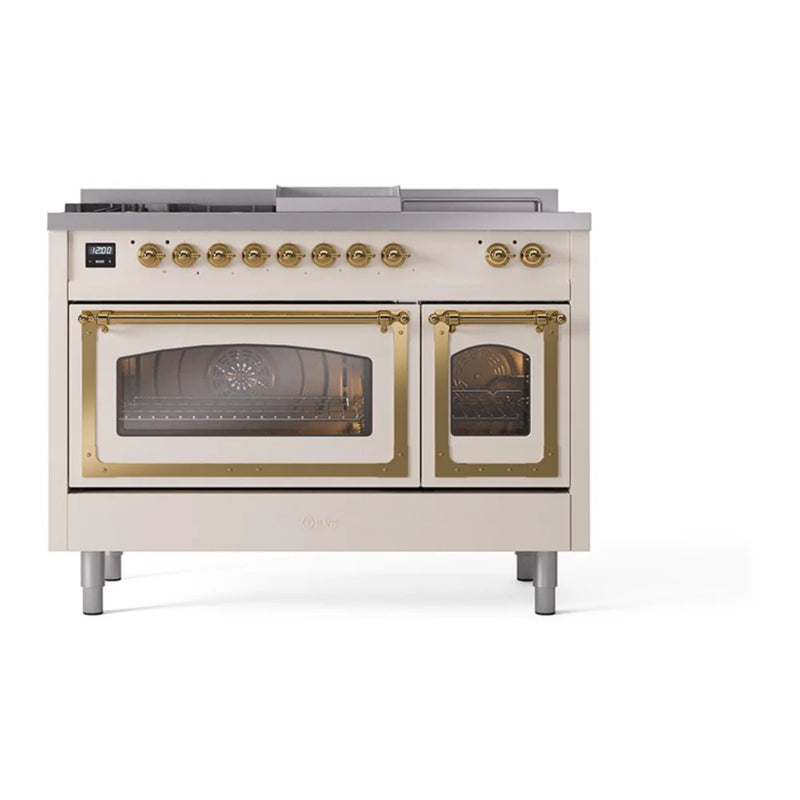 ILVE Nostalgie II Noblesse 48" Dual Fuel Freestanding Range in Antique White with Brass Trim, UN48FSNMPAWG