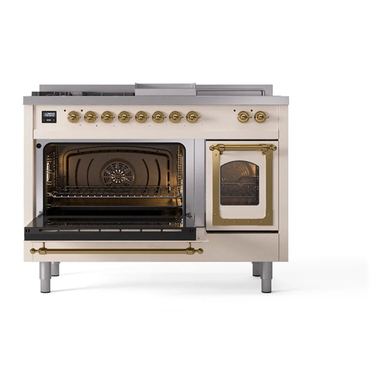 ILVE Nostalgie II Noblesse 48" Dual Fuel Freestanding Range in Antique White with Brass Trim, UN48FSNMPAWG