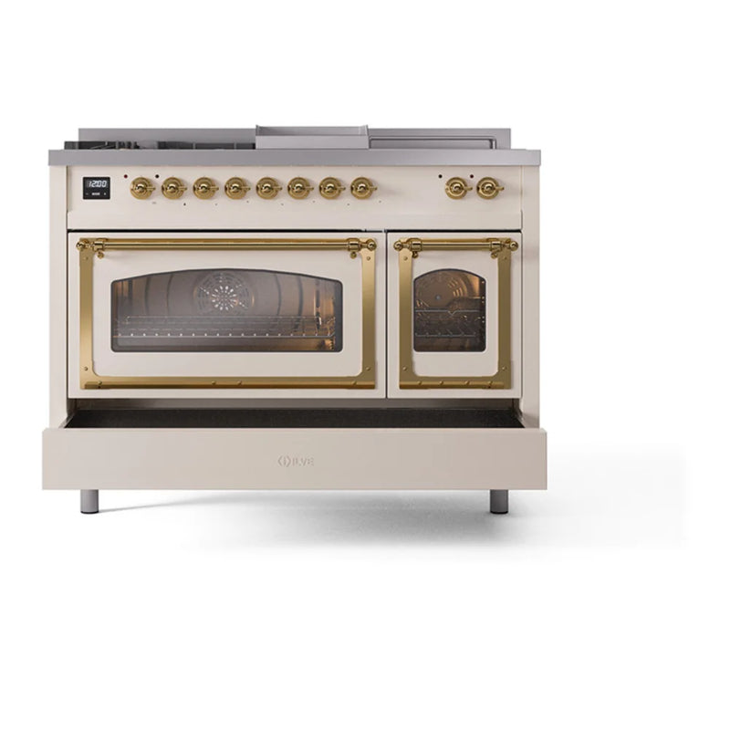 ILVE Nostalgie II Noblesse 48" Dual Fuel Freestanding Range in Antique White with Brass Trim, UN48FSNMPAWG
