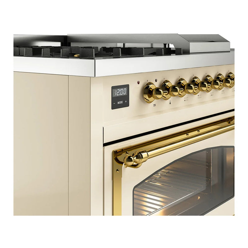 ILVE Nostalgie II Noblesse 48" Dual Fuel Freestanding Range in Antique White with Brass Trim, UN48FSNMPAWG