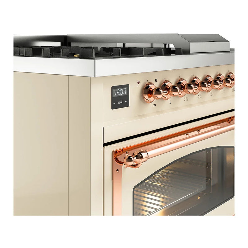 ILVE Nostalgie II Noblesse 48" Dual Fuel Freestanding Range in Antique White with Copper Trim, UN48FSNMPAWPLP