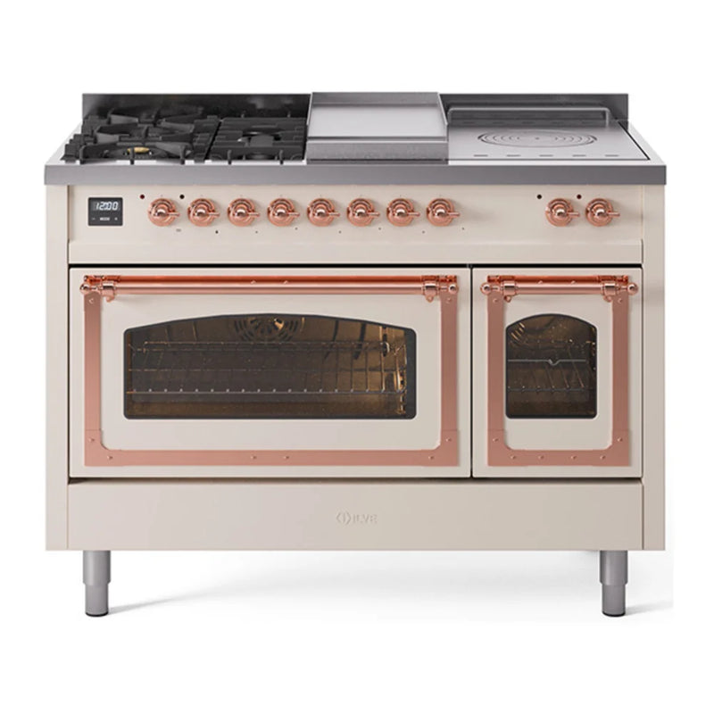 ILVE Nostalgie II Noblesse 48" Dual Fuel Freestanding Range in Antique White with Copper Trim, UN48FSNMPAWP