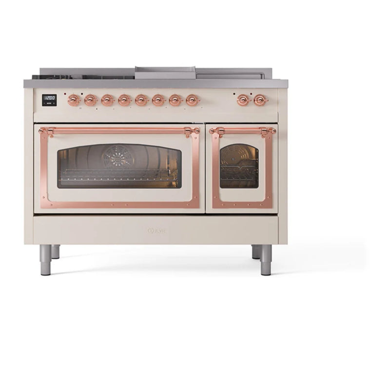 ILVE Nostalgie II Noblesse 48" Dual Fuel Freestanding Range in Antique White with Copper Trim, UN48FSNMPAWP