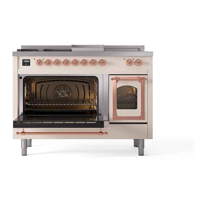 ILVE Nostalgie II Noblesse 48" Dual Fuel Freestanding Range in Antique White with Copper Trim, UN48FSNMPAWP