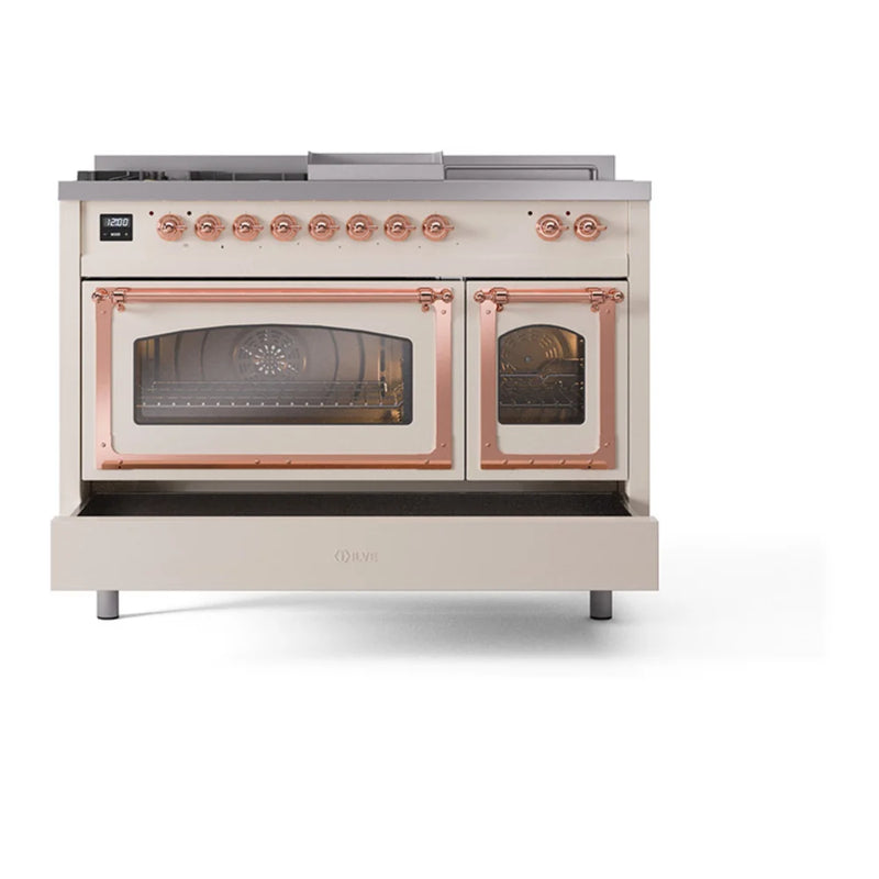 ILVE Nostalgie II Noblesse 48" Dual Fuel Freestanding Range in Antique White with Copper Trim, UN48FSNMPAWP