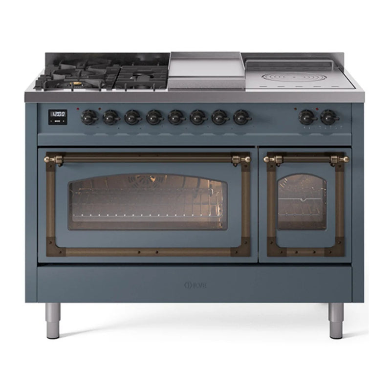 ILVE Nostalgie II Noblesse 48" Dual Fuel Freestanding Range in Blue Grey with Burnished Trim, UN48FSNMPBGBLP