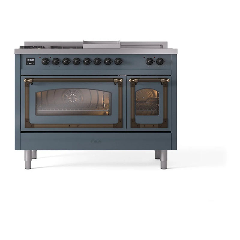 ILVE Nostalgie II Noblesse 48" Dual Fuel Freestanding Range in Blue Grey with Burnished Trim, UN48FSNMPBGBLP