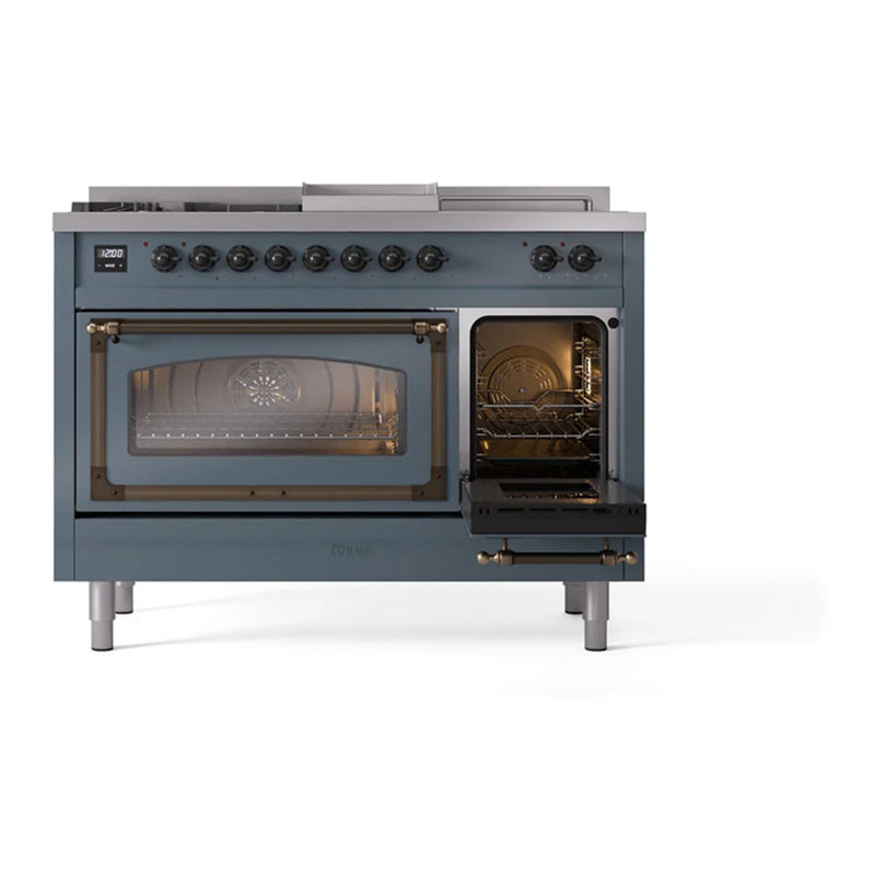 ILVE Nostalgie II Noblesse 48" Dual Fuel Freestanding Range in Blue Grey with Burnished Trim, UN48FSNMPBGBLP