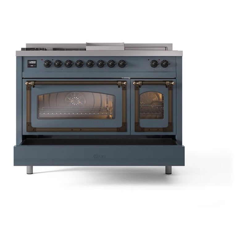 ILVE Nostalgie II Noblesse 48" Dual Fuel Freestanding Range in Blue Grey with Burnished Trim, UN48FSNMPBGBLP