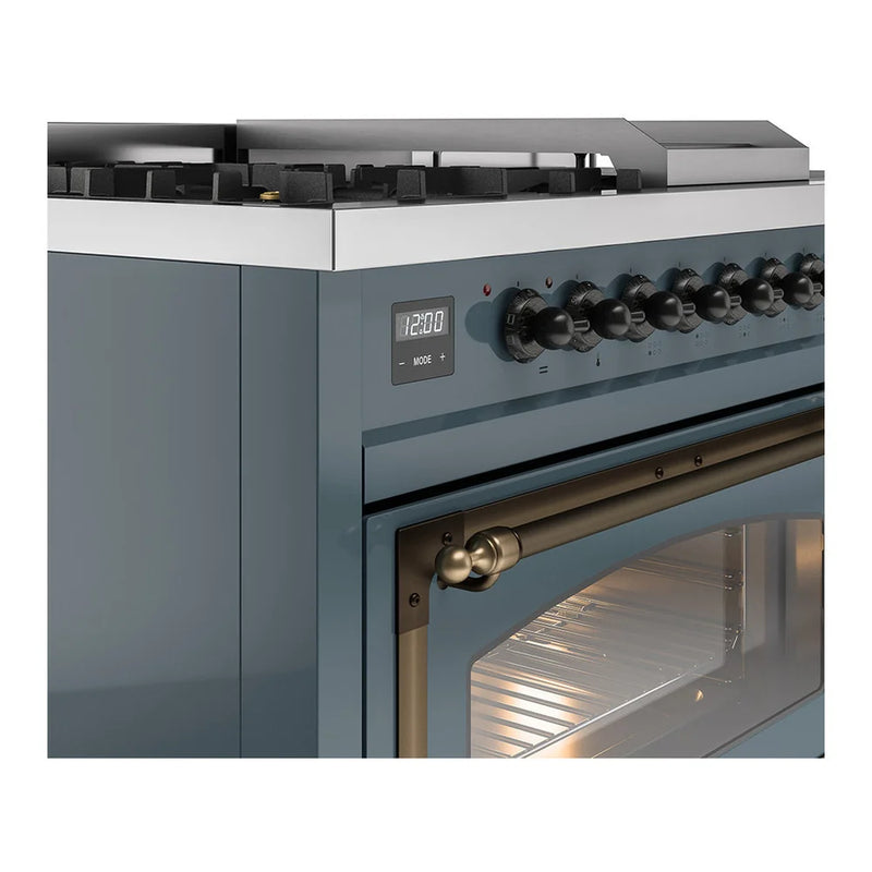ILVE Nostalgie II Noblesse 48" Dual Fuel Freestanding Range in Blue Grey with Burnished Trim, UN48FSNMPBGBLP