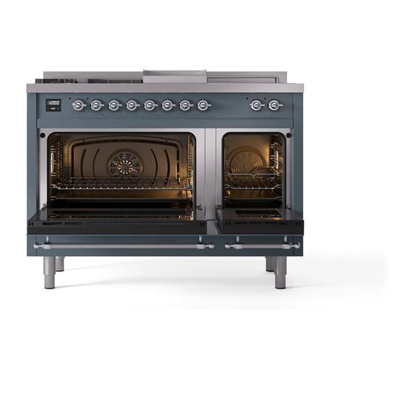 ILVE Nostalgie II Noblesse 48" Dual Fuel Freestanding Range in Blue Grey with Chrome Trim, UN48FSNMPBGCLP