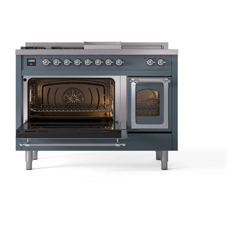 ILVE Nostalgie II Noblesse 48" Dual Fuel Freestanding Range in Blue Grey with Chrome Trim, UN48FSNMPBGCLP