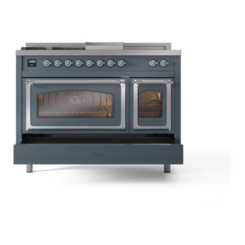 ILVE Nostalgie II Noblesse 48" Dual Fuel Freestanding Range in Blue Grey with Chrome Trim, UN48FSNMPBGCLP