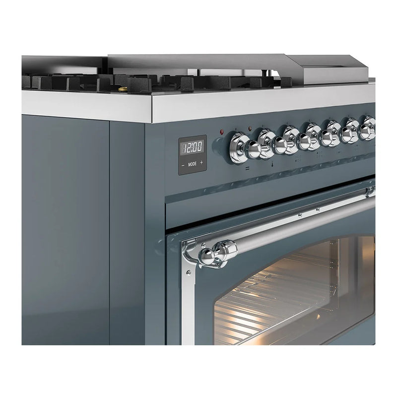 ILVE Nostalgie II Noblesse 48" Dual Fuel Freestanding Range in Blue Grey with Chrome Trim, UN48FSNMPBGCLP