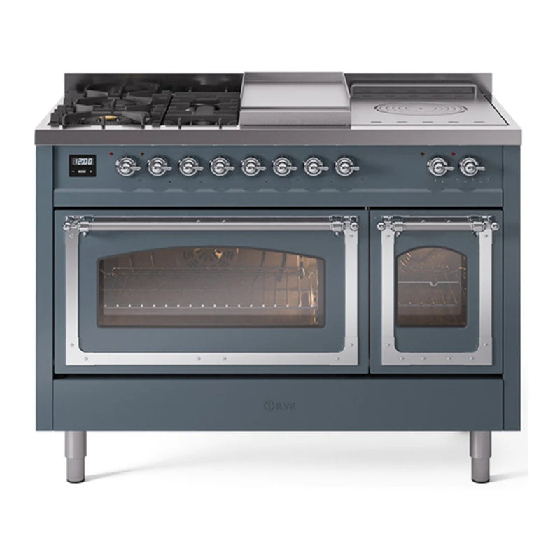 ILVE Nostalgie II Noblesse 48" Dual Fuel Freestanding Range in Blue Grey with Chrome Trim, UN48FSNMPBGC
