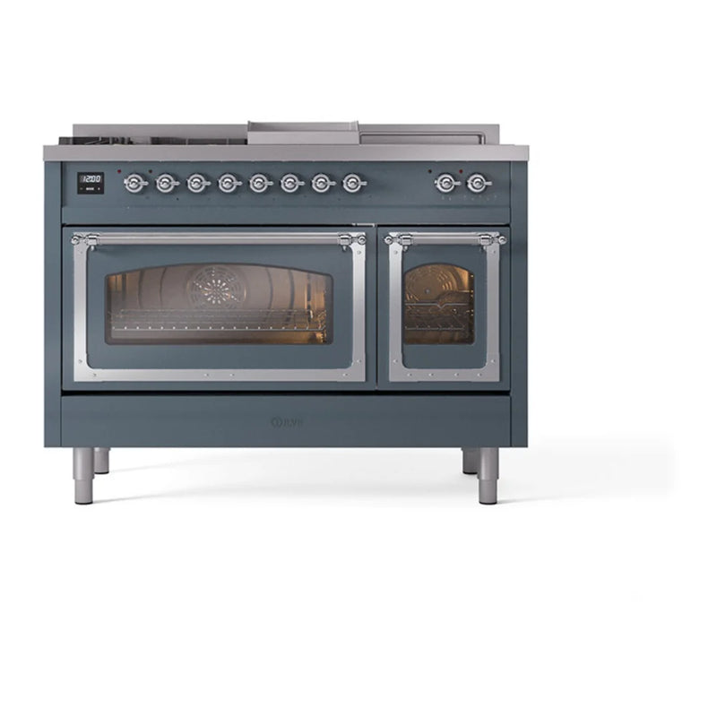 ILVE Nostalgie II Noblesse 48" Dual Fuel Freestanding Range in Blue Grey with Chrome Trim, UN48FSNMPBGC