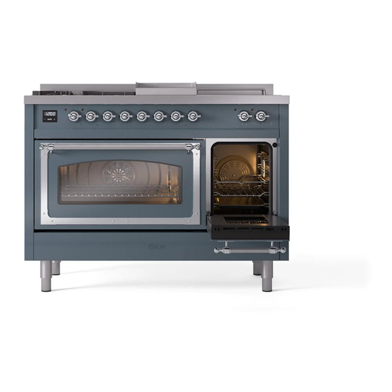 ILVE Nostalgie II Noblesse 48" Dual Fuel Freestanding Range in Blue Grey with Chrome Trim, UN48FSNMPBGC