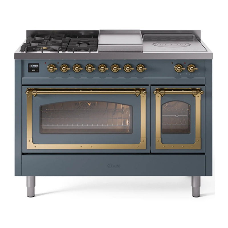 ILVE Nostalgie II Noblesse 48" Dual Fuel Freestanding Range in Blue Grey with Brass Trim, UN48FSNMPBGGLP