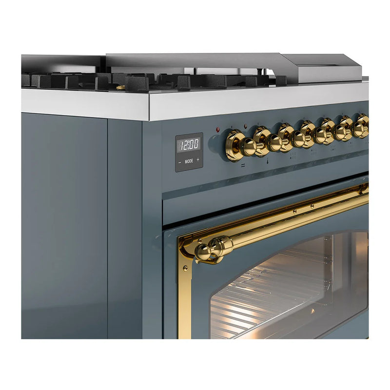 ILVE Nostalgie II Noblesse 48" Dual Fuel Freestanding Range in Blue Grey with Brass Trim, UN48FSNMPBGGLP