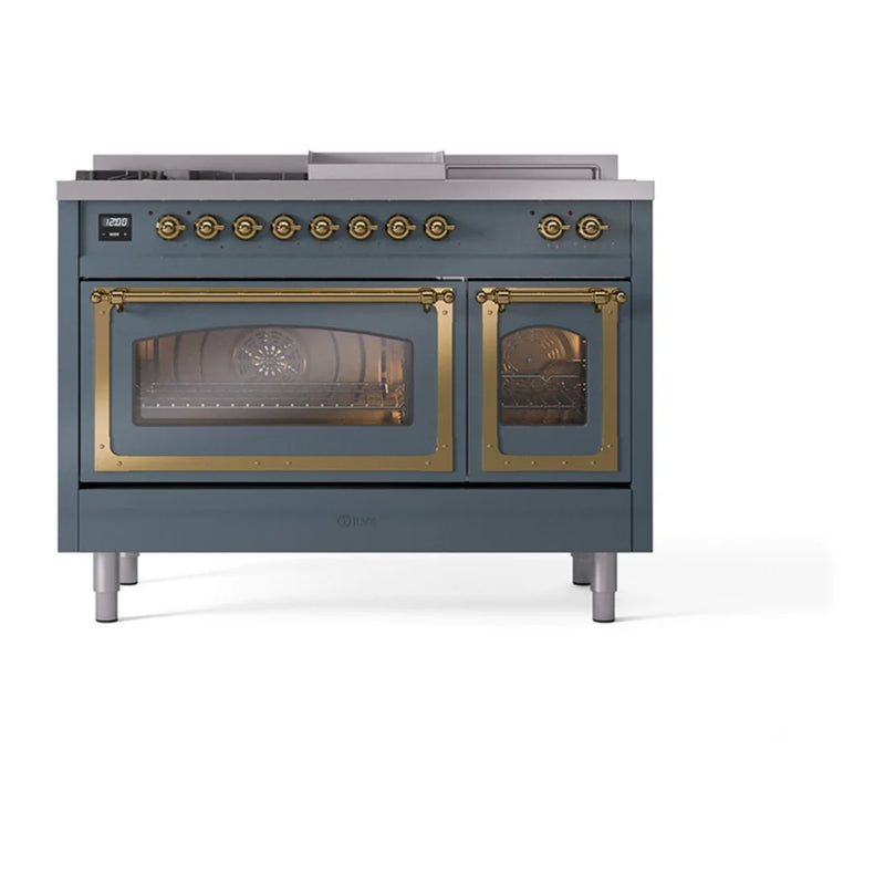 ILVE Nostalgie II Noblesse 48" Dual Fuel Freestanding Range in Blue Grey with Brass Trim, UN48FSNMPBGG