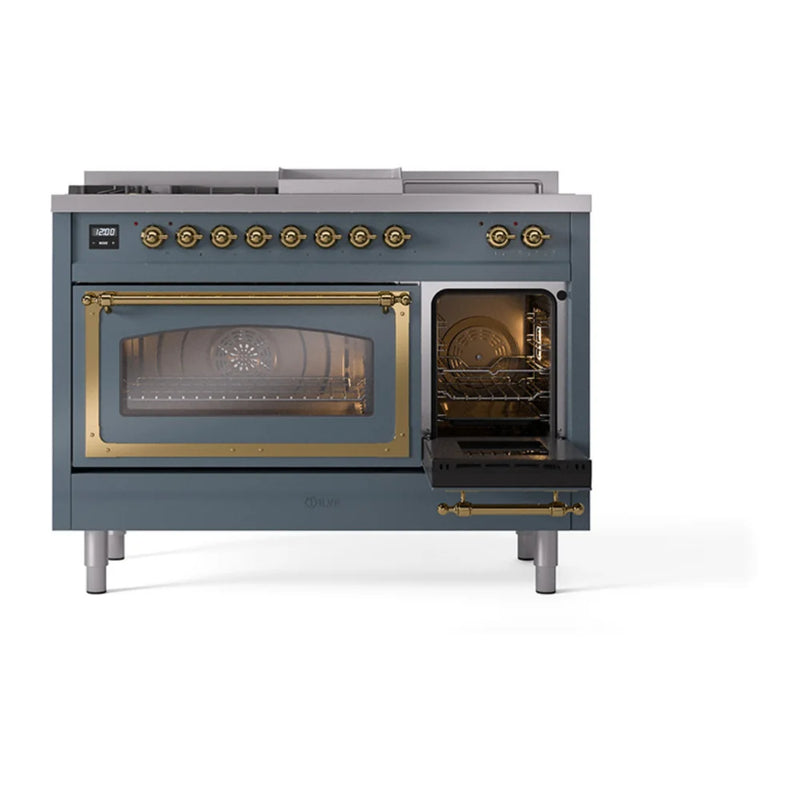 ILVE Nostalgie II Noblesse 48" Dual Fuel Freestanding Range in Blue Grey with Brass Trim, UN48FSNMPBGG