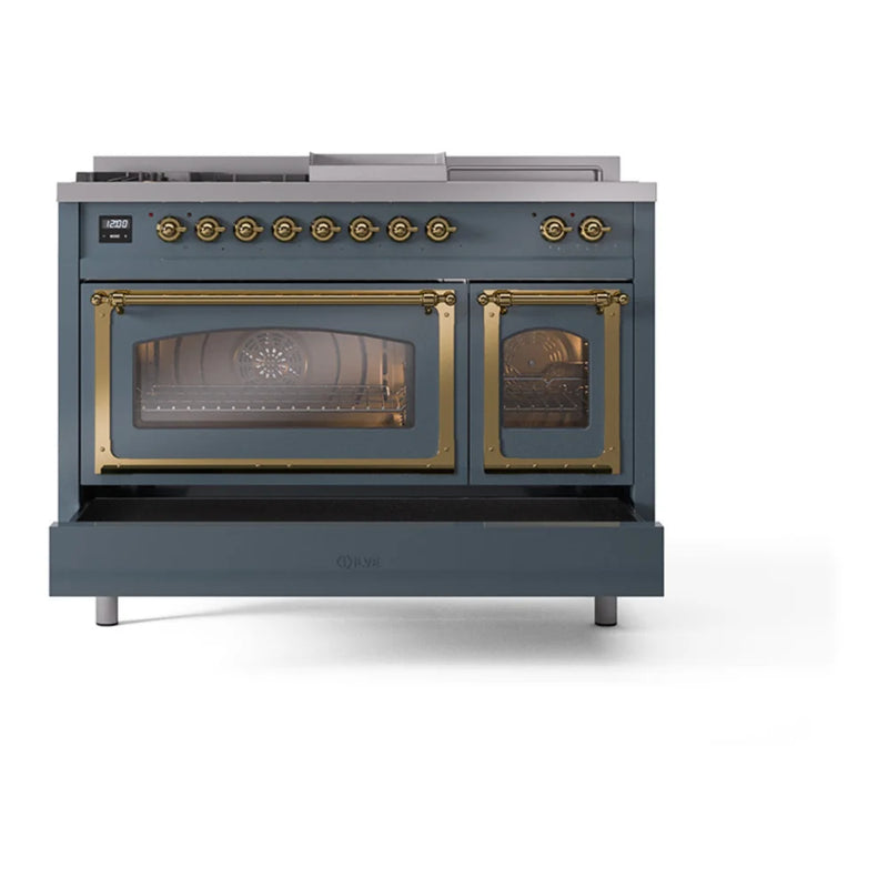 ILVE Nostalgie II Noblesse 48" Dual Fuel Freestanding Range in Blue Grey with Brass Trim, UN48FSNMPBGG