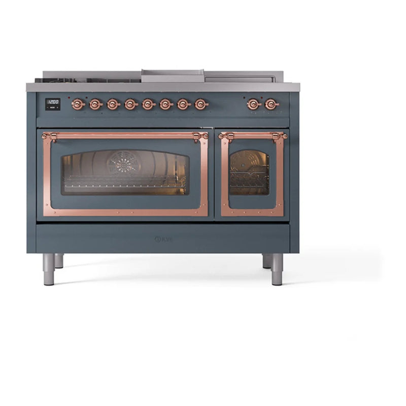 ILVE Nostalgie II Noblesse 48" Dual Fuel Freestanding Range in Blue Grey with Copper Trim, UN48FSNMPBGPLP