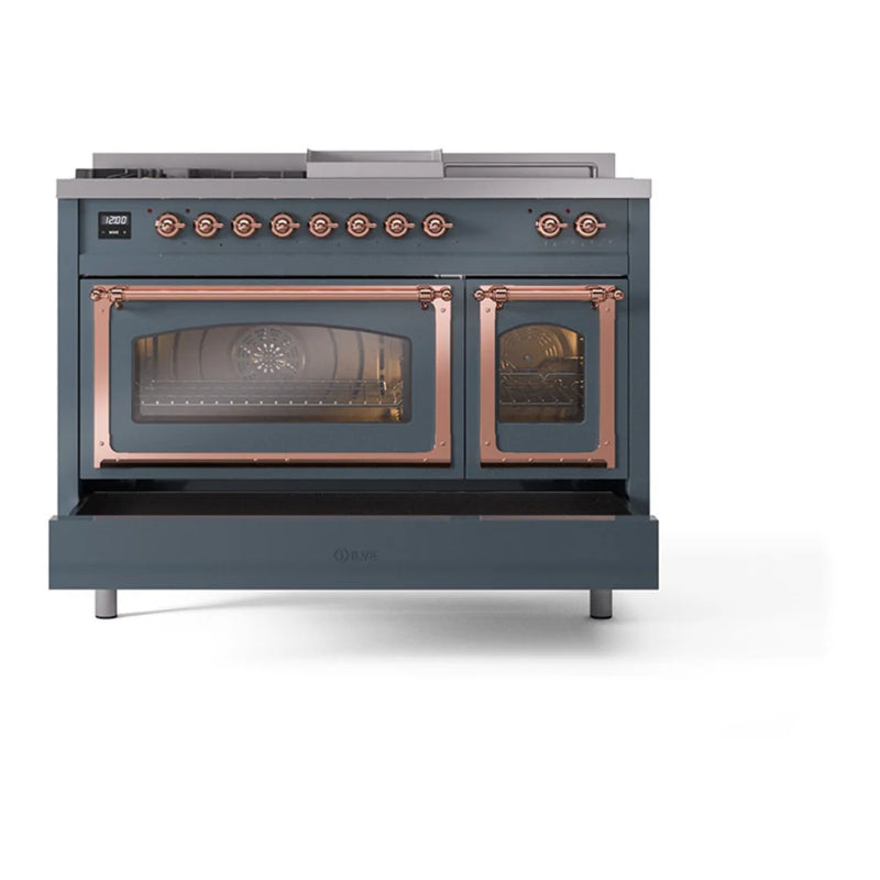 ILVE Nostalgie II Noblesse 48" Dual Fuel Freestanding Range in Blue Grey with Copper Trim, UN48FSNMPBGPLP