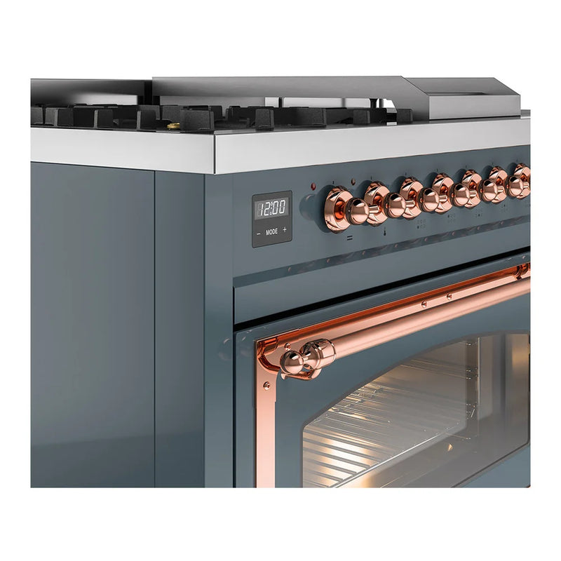 ILVE Nostalgie II Noblesse 48" Dual Fuel Freestanding Range in Blue Grey with Copper Trim, UN48FSNMPBGPLP