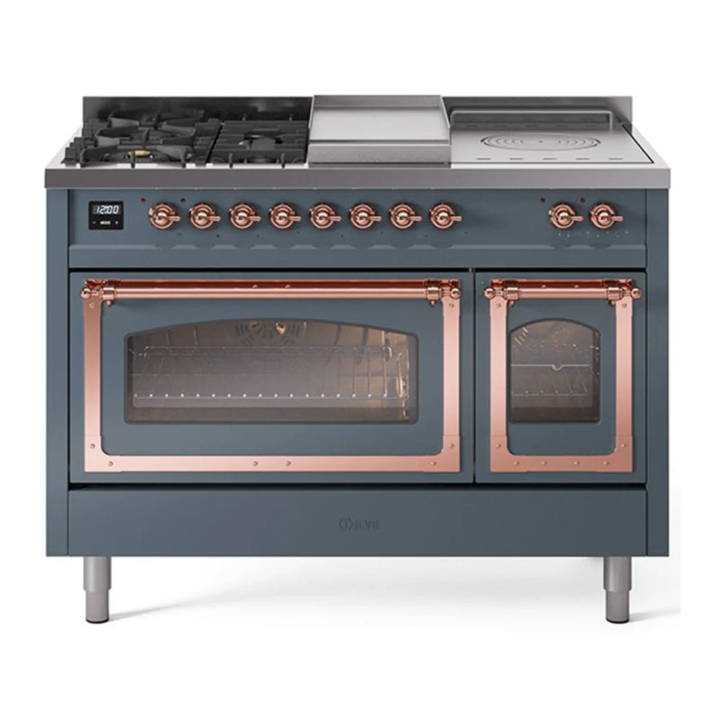 ILVE Nostalgie II Noblesse 48" Dual Fuel Freestanding Range in Blue Grey with Copper Trim, UN48FSNMPBGP