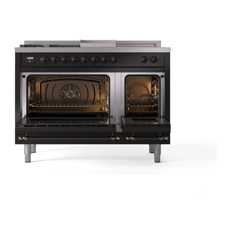 ILVE Nostalgie II Noblesse 48" Dual Fuel Freestanding Range in Glossy Black with Burnished Trim, UN48FSNMPBKBLP