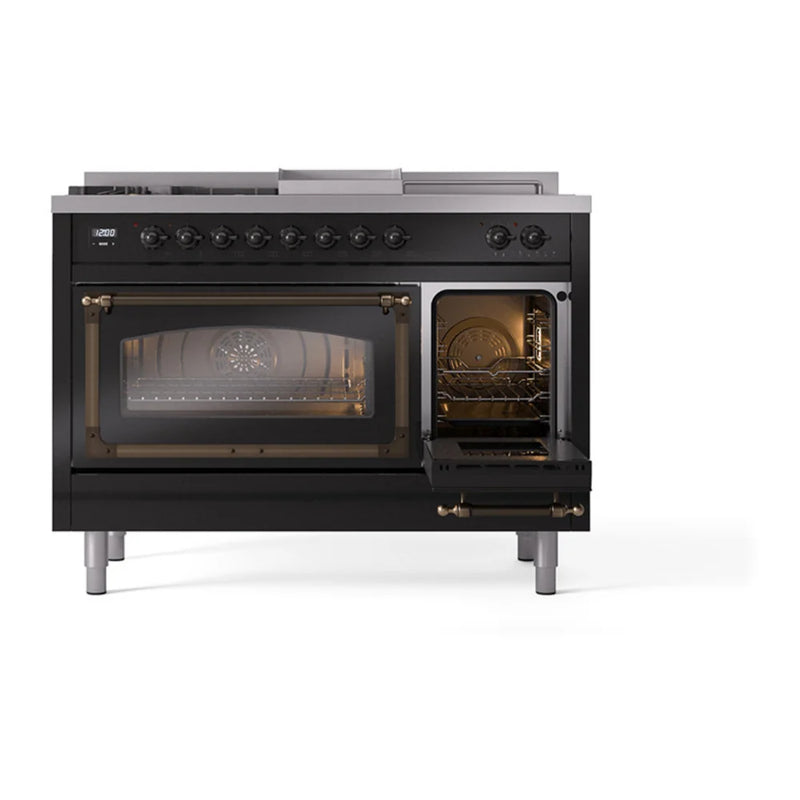 ILVE Nostalgie II Noblesse 48" Dual Fuel Freestanding Range in Glossy Black with Burnished Trim, UN48FSNMPBKBLP