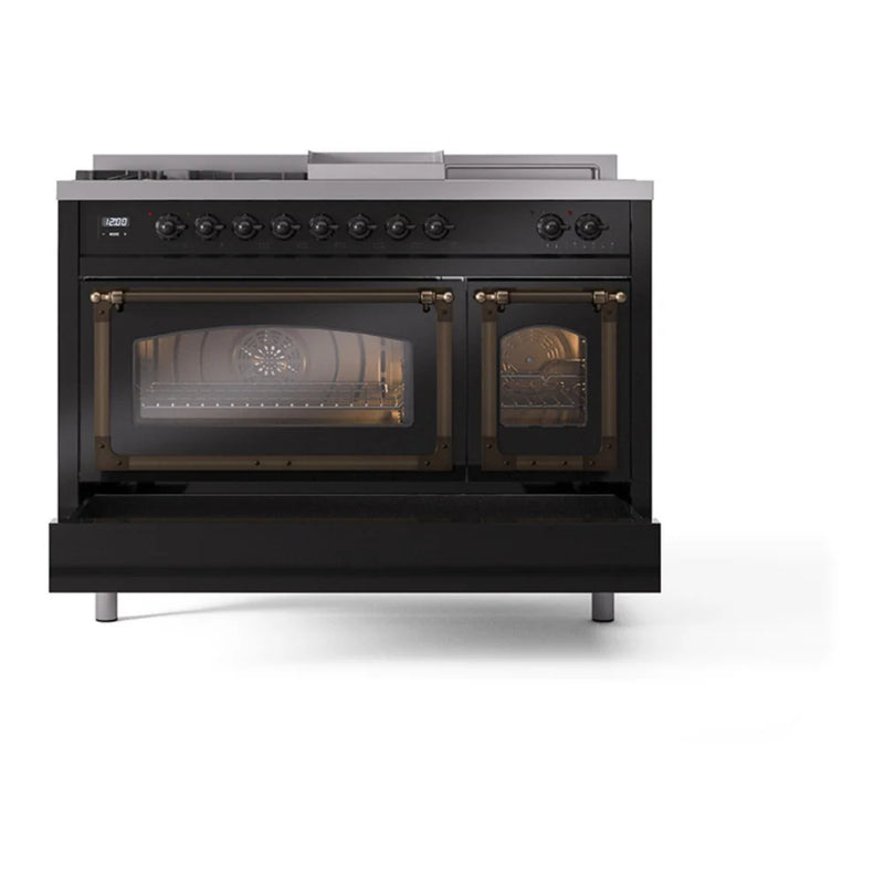ILVE Nostalgie II Noblesse 48" Dual Fuel Freestanding Range in Glossy Black with Burnished Trim, UN48FSNMPBKBLP