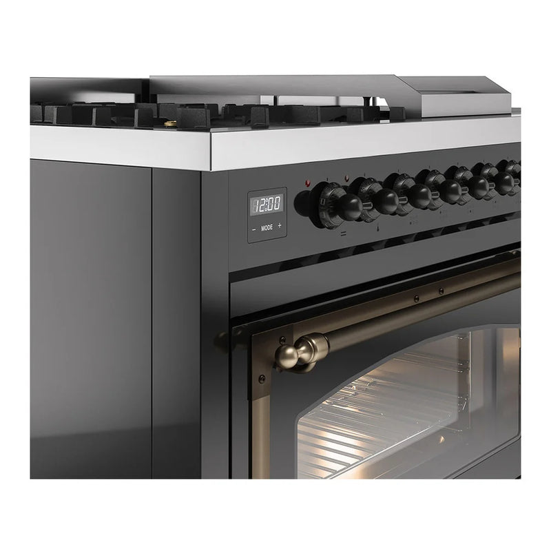 ILVE Nostalgie II Noblesse 48" Dual Fuel Freestanding Range in Glossy Black with Burnished Trim, UN48FSNMPBKBLP