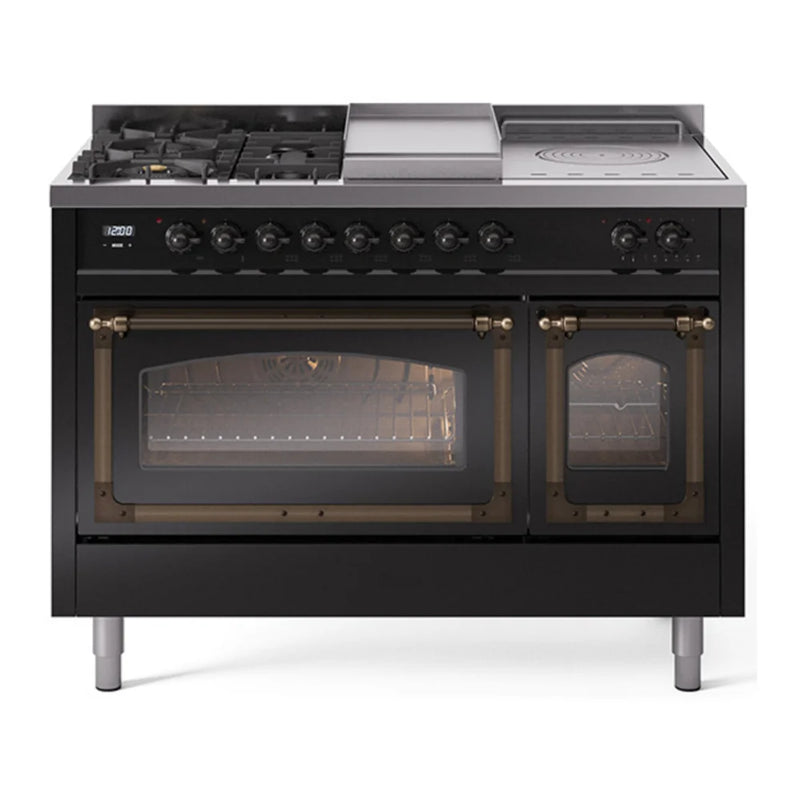 ILVE Nostalgie II Noblesse 48" Dual Fuel Freestanding Range in Glossy Black with Burnished Trim, UN48FSNMPBKB