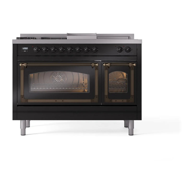 ILVE Nostalgie II Noblesse 48" Dual Fuel Freestanding Range in Glossy Black with Burnished Trim, UN48FSNMPBKB