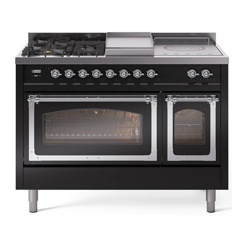 ILVE Nostalgie II Noblesse 48" Dual Fuel Freestanding Range in Glossy Black with Chrome Trim, UN48FSNMPBKCLP